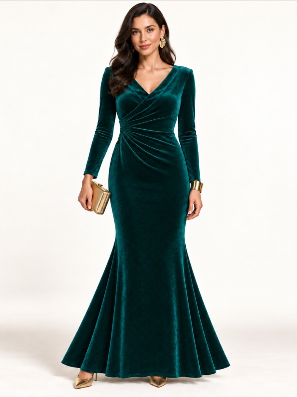 Vince Camuto SZ 14 Emerald Green Velvet Ruched Mermaid Formal Gown